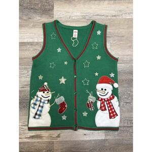 Holiday Time Green Ugly Christmas Sweater Snowman Stocking Sequin Knit Vest M